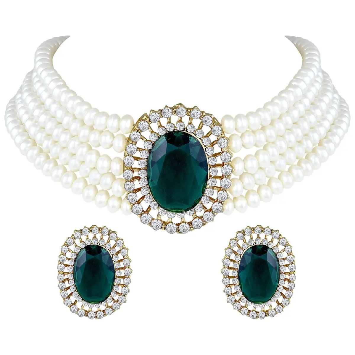 I Jewels Gold Plated Green Stone Studded Pearl Choker Necklace Jewellery Set for Women | 25.4cm (10 inch) Length - main product image