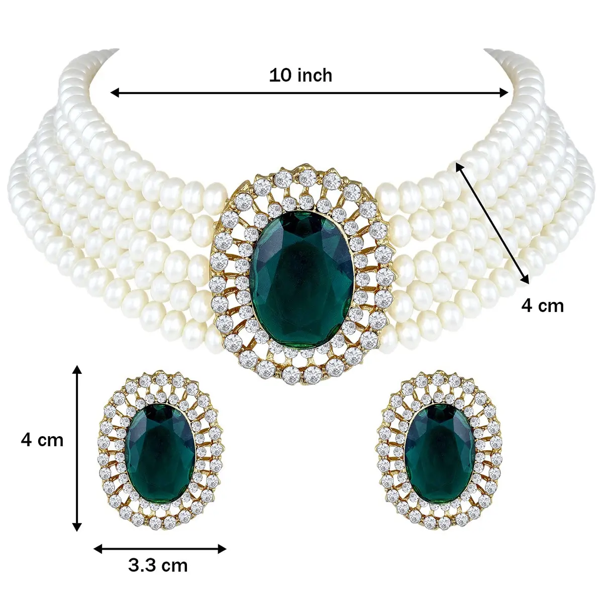 I Jewels Gold Plated Green Stone Studded Pearl Choker Necklace Jewellery Set for Women | 25.4cm (10 inch) Length - view 6