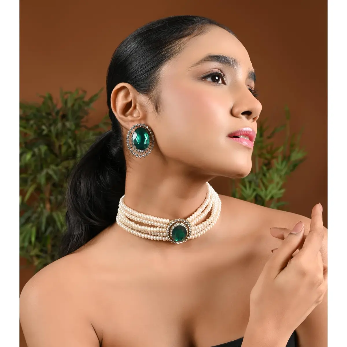 I Jewels Gold Plated Green Stone Studded Pearl Choker Necklace Jewellery Set for Women | 25.4cm (10 inch) Length - view 2