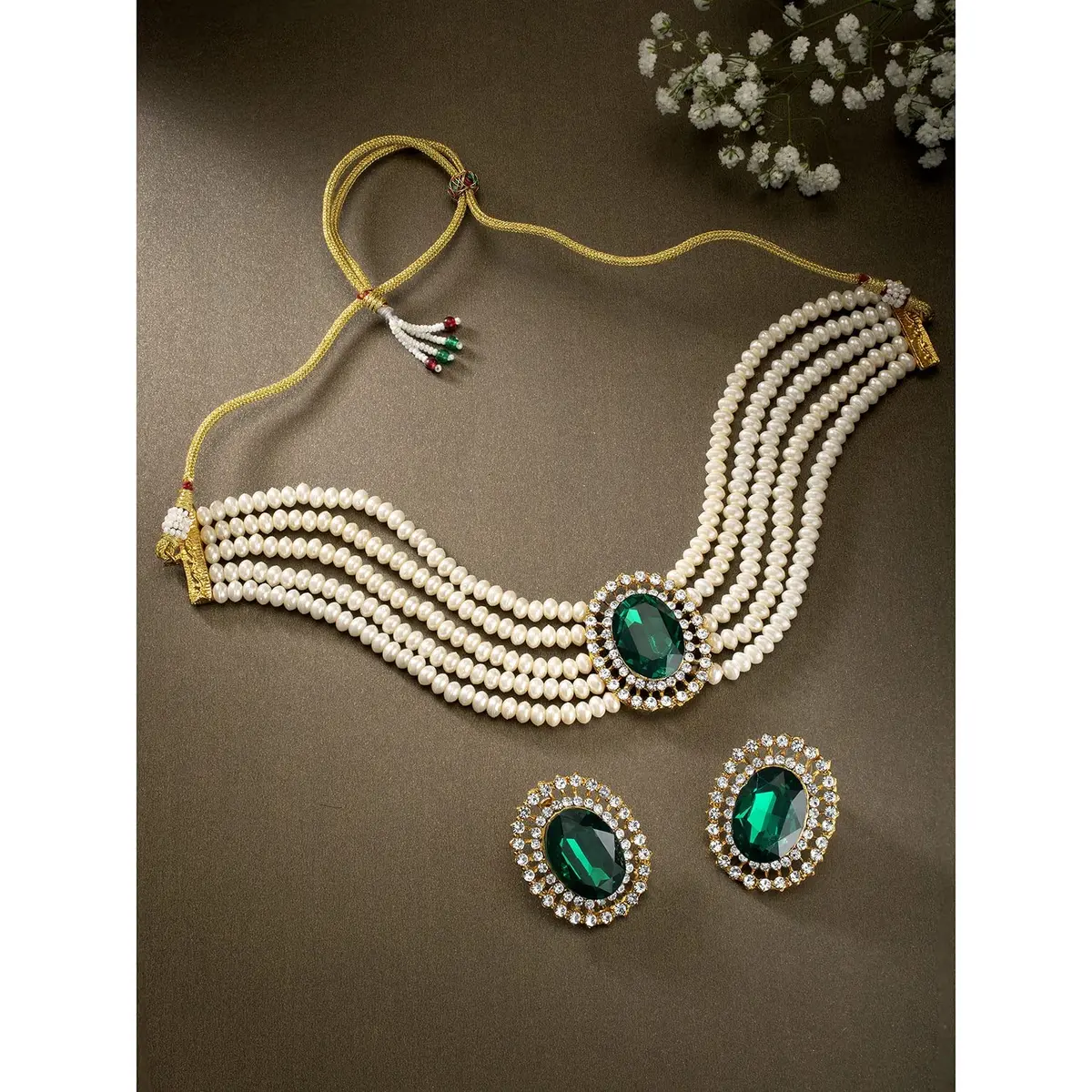 I Jewels Gold Plated Green Stone Studded Pearl Choker Necklace Jewellery Set for Women | 25.4cm (10 inch) Length - view 3