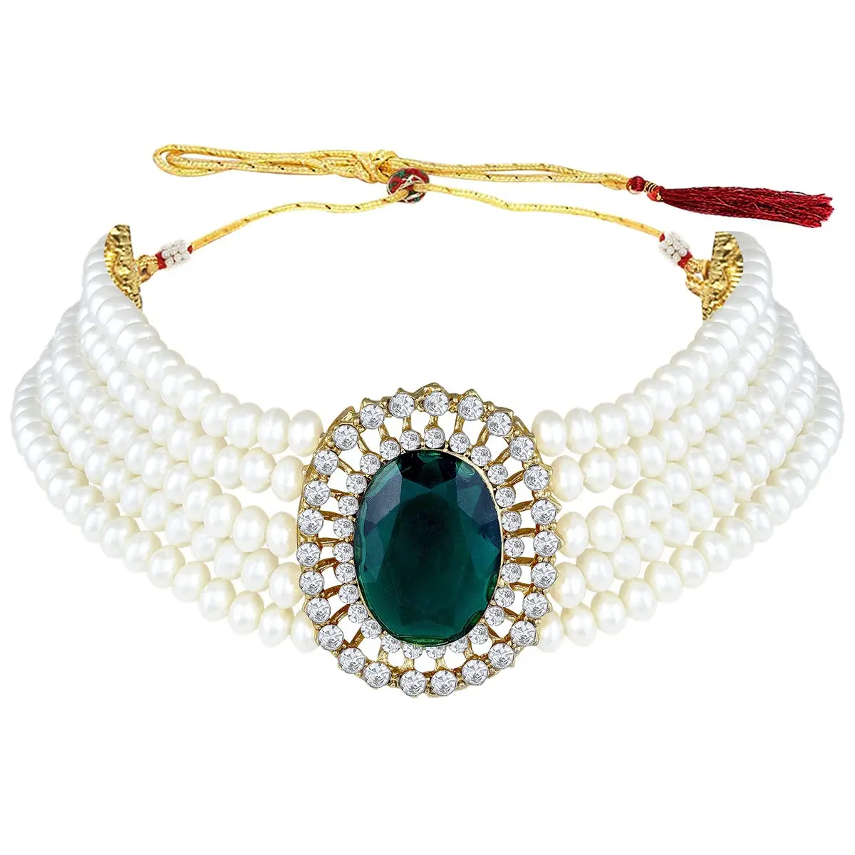 I Jewels Gold Plated Green Stone Studded Pearl Choker Necklace Jewellery Set for Women | 25.4cm (10 inch) Length - view 4