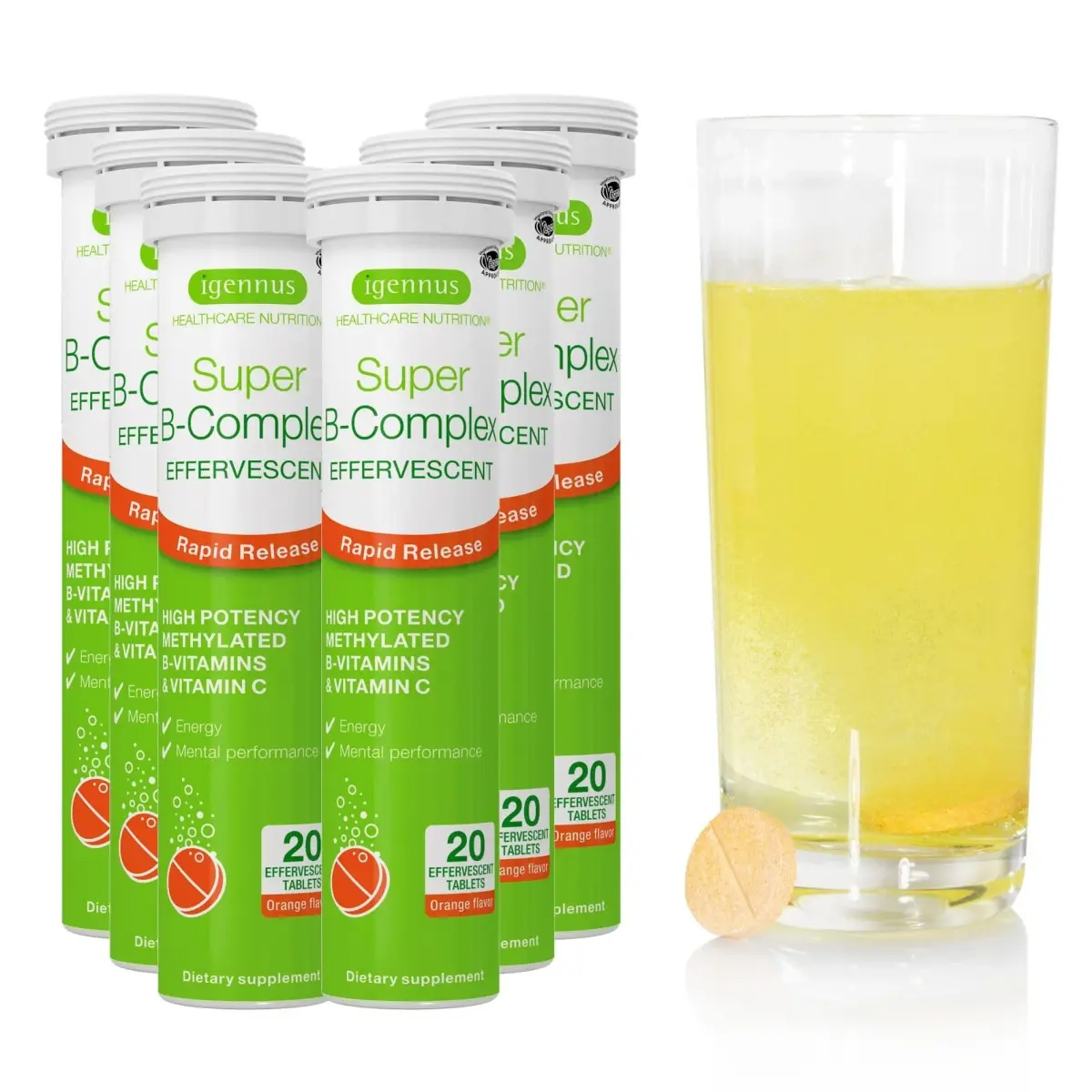 Igennus Super B-Complex Methylated Liquid B-Vitamin Effervescent Supplement Orange 20 Count (Pack of 6) | Bioactive B-Vitamins for Energy & Mental Performance - main product image
