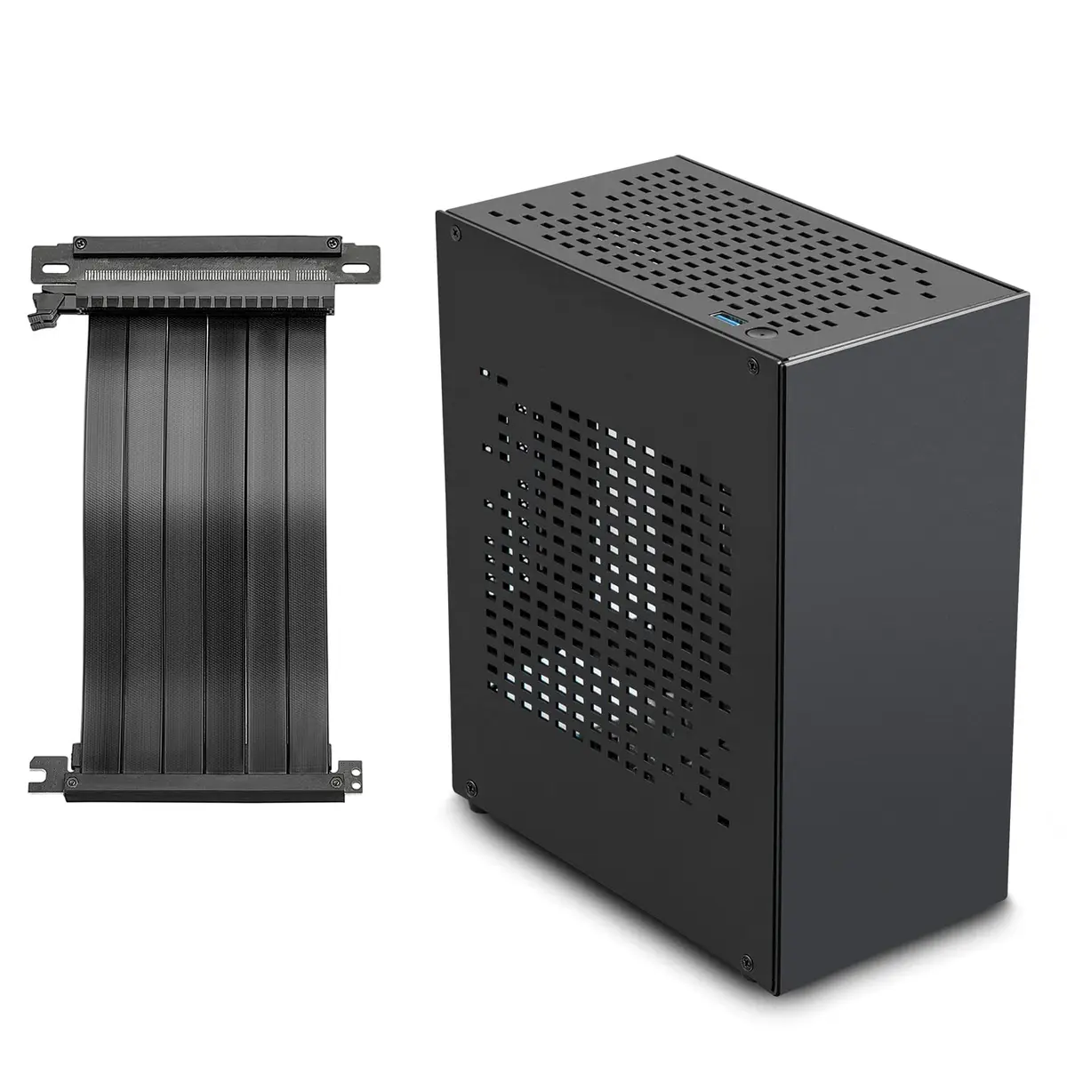 JOYJOM Aluminum Mini ITX Case with PCIe 3.0 Riser, Small Form Factor PC Case, Supports GPU & FLEX Power Supply, Black | Compact Gaming Chassis - main product image