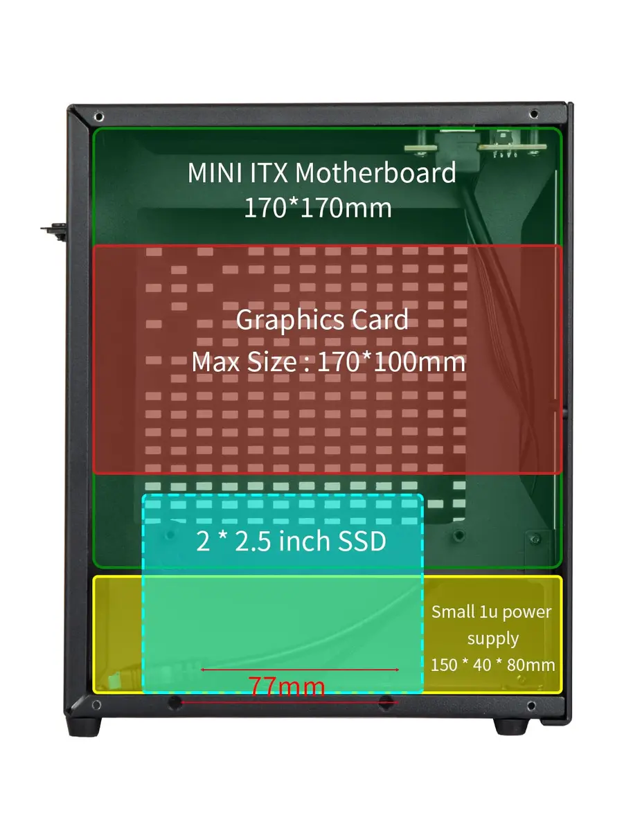 JOYJOM Aluminum Mini ITX Case with PCIe 3.0 Riser, Small Form Factor PC Case, Supports GPU & FLEX Power Supply, Black | Compact Gaming Chassis - view 2
