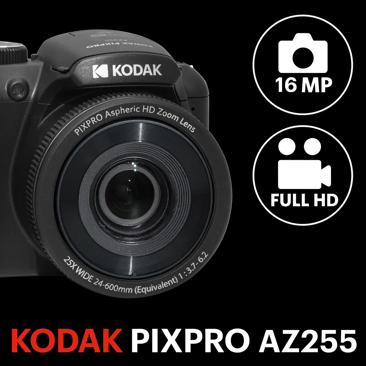KODAK PIXPRO AZ255 Digital Camera 16MP 25x Optical Zoom 24mm Wide Angle 1080p HD Video Black | Compact Bridge Camera - view 2