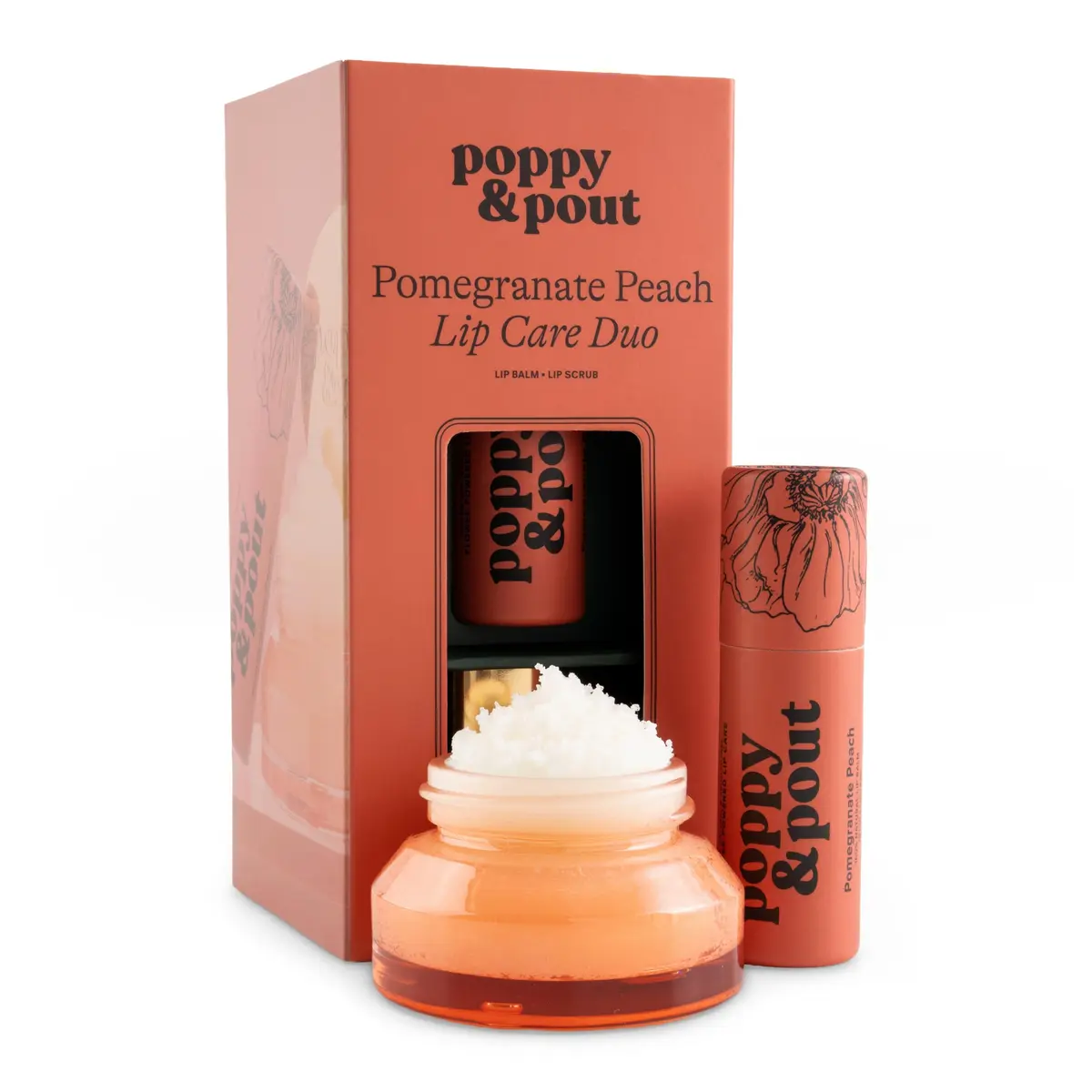 Poppy & Pout Lip Care Set | Lip Balm & Scrub | Sustainable Cardboard Tubes & Glass Jars, All Natural, Beeswax, Coconut Oil, Cruelty Free, Exfoliating & Moisturizing Lip Treatment (Pomegranate Peach) - main product image