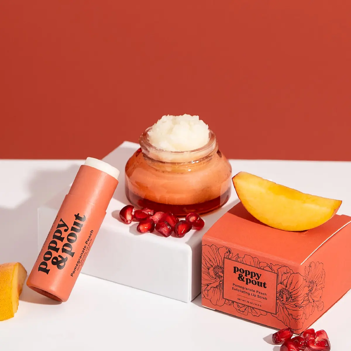 Poppy & Pout Lip Care Set | Lip Balm & Scrub | Sustainable Cardboard Tubes & Glass Jars, All Natural, Beeswax, Coconut Oil, Cruelty Free, Exfoliating & Moisturizing Lip Treatment (Pomegranate Peach) - view 3