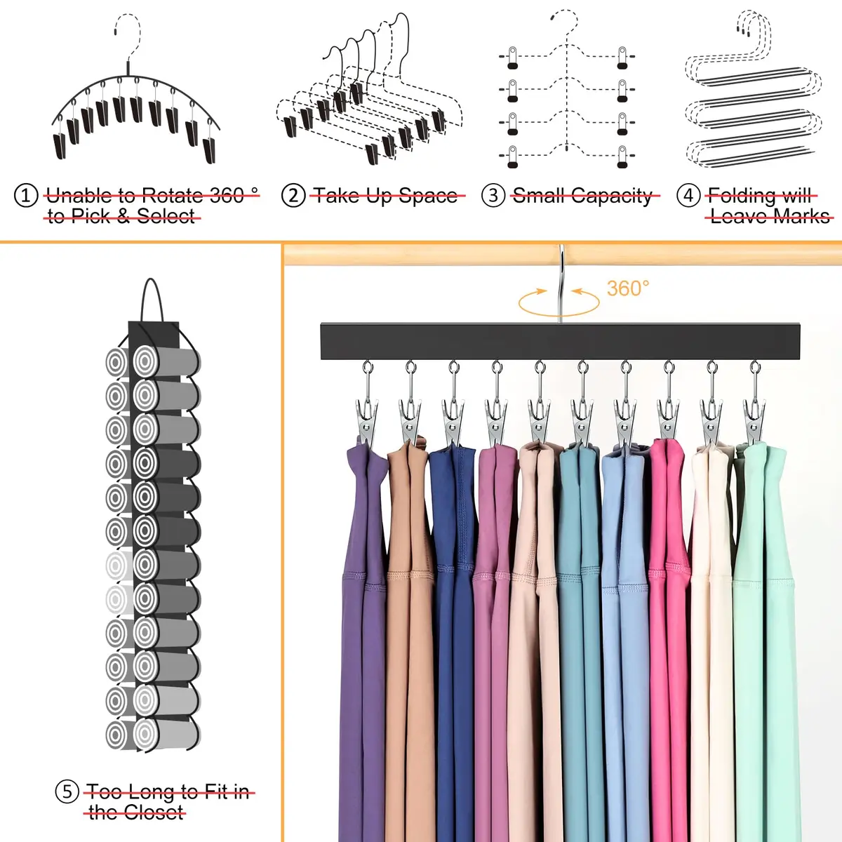 ORROENS Legging Organizer for Closet, 2 Pack Pants Hangers with Clips, 15.8in (40.1cm) Width - view 3