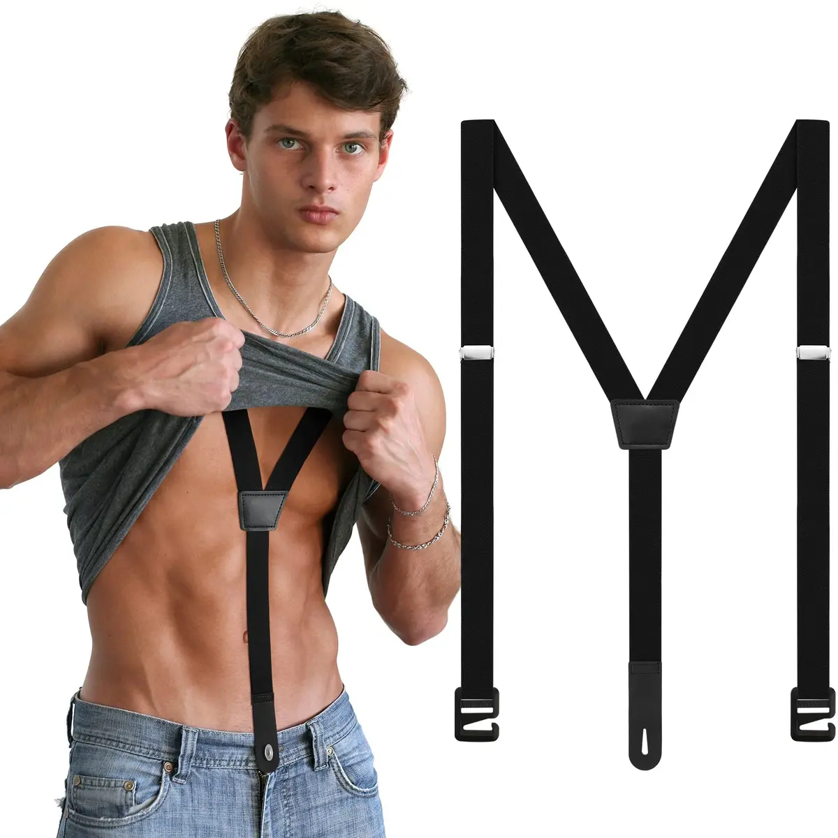 Eurzom Black Hidden Suspenders for Men Under Clothes Y-Back, 2.5cm (1") Wide, 75-120cm (30-47") Adjustable Length - main product image