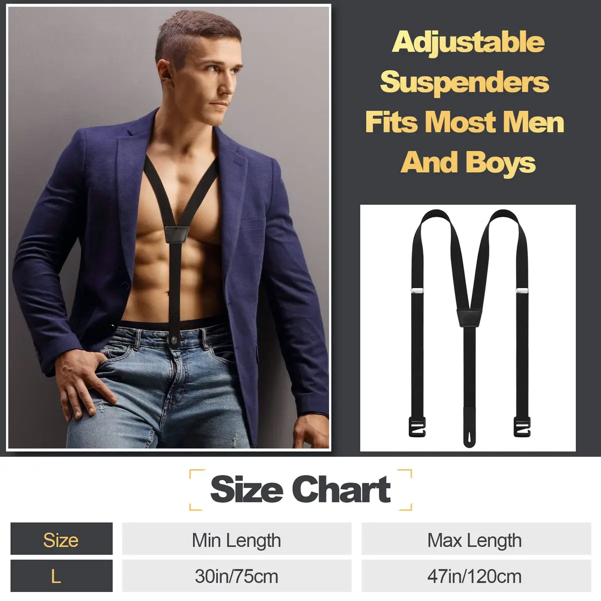 Eurzom Black Hidden Suspenders for Men Under Clothes Y-Back, 2.5cm (1") Wide, 75-120cm (30-47") Adjustable Length - view 5
