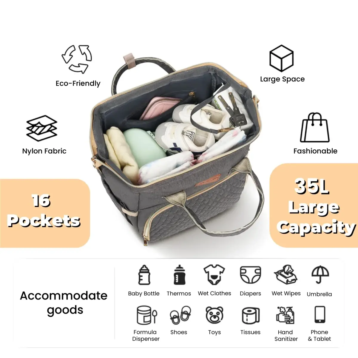 ROSEGIN Large Capacity Diaper Backpack 35L (1.6 lbs) | Waterproof Quilted Travel Bag with Changing Pad & Insulated Pockets - view 2