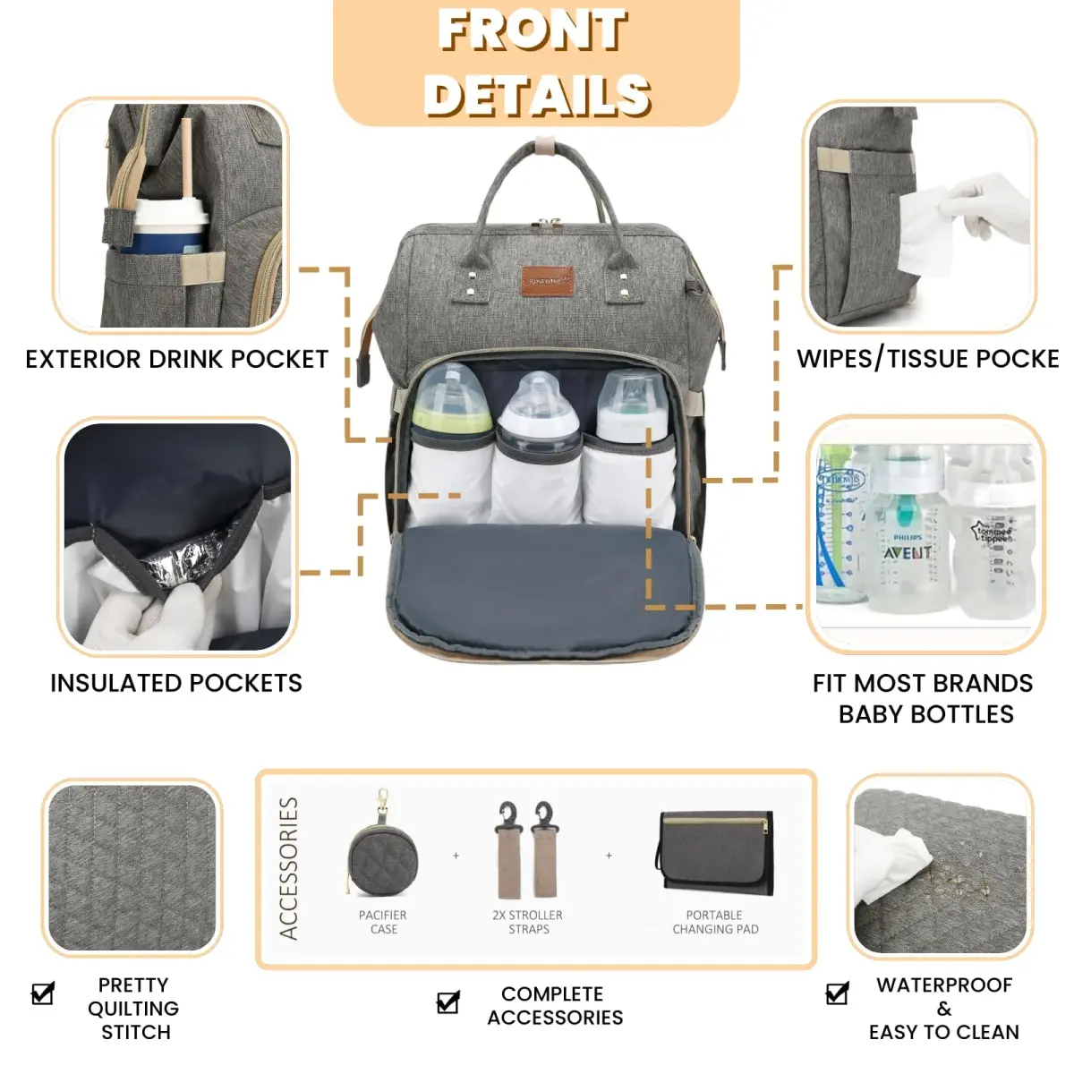 ROSEGIN Large Capacity Diaper Backpack 35L (1.6 lbs) | Waterproof Quilted Travel Bag with Changing Pad & Insulated Pockets - view 3