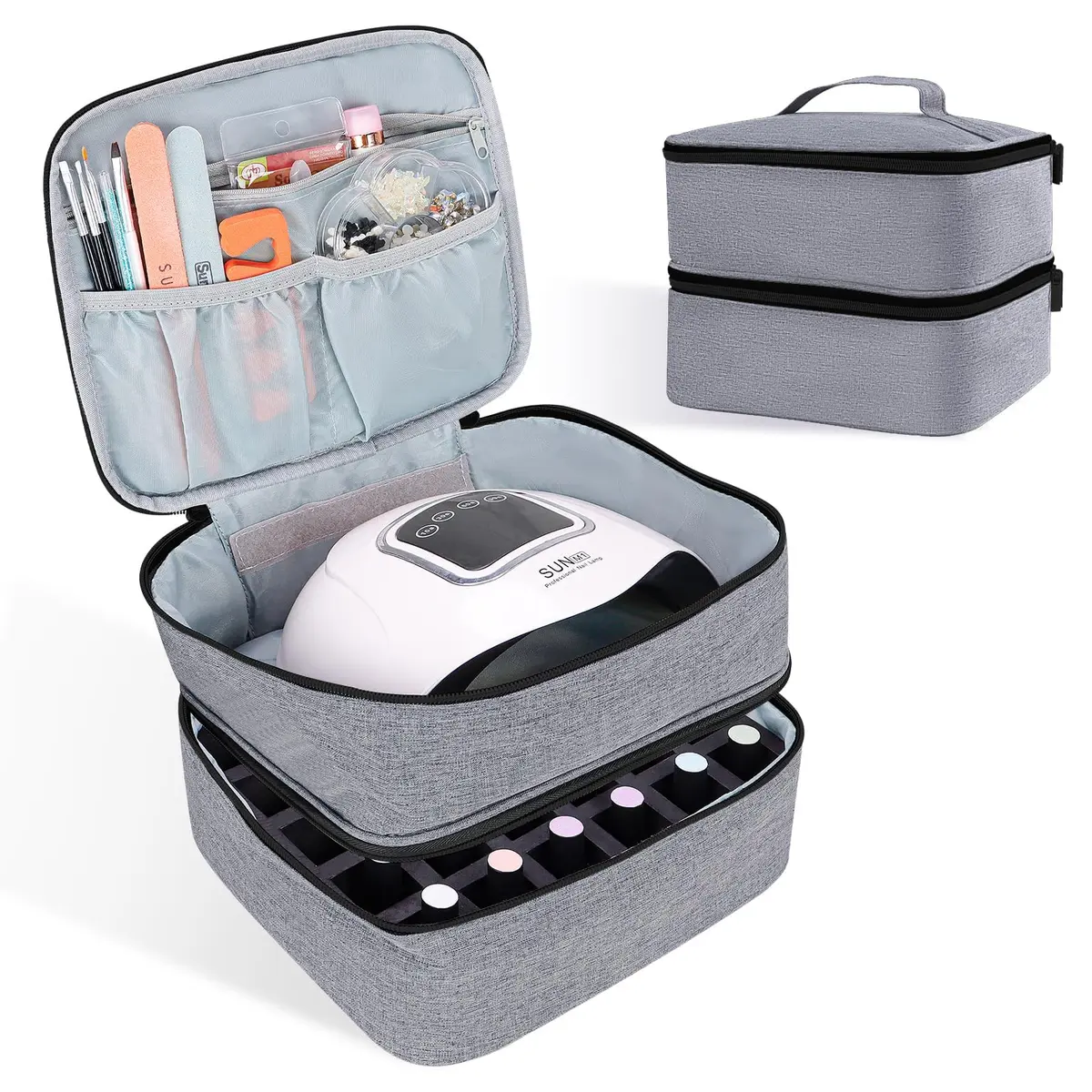 ALSLEA Gray Nail Polish Organizer Holds 30 Bottles | Double-Layer Travel Case with Padded Interior (10" x 8.3" x 7.2") - main product image
