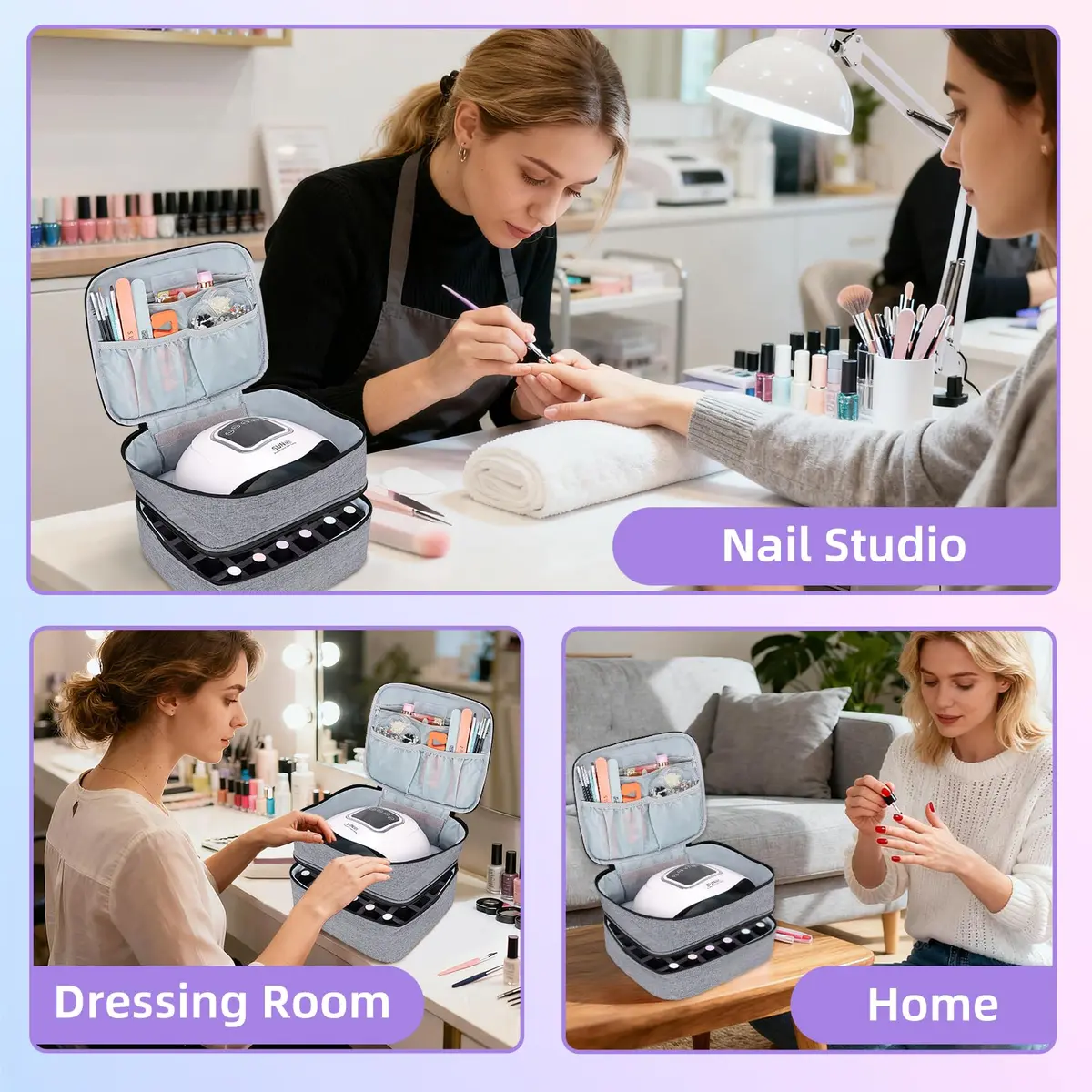 ALSLEA Gray Nail Polish Organizer Holds 30 Bottles | Double-Layer Travel Case with Padded Interior (10" x 8.3" x 7.2") - view 5