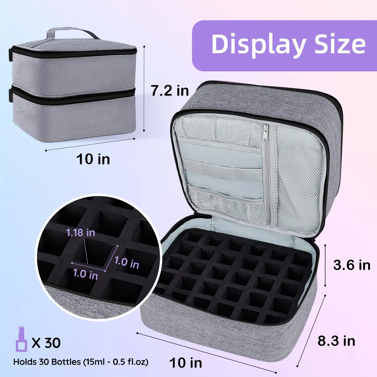 ALSLEA Gray Nail Polish Organizer Holds 30 Bottles | Double-Layer Travel Case with Padded Interior (10" x 8.3" x 7.2") - view 7