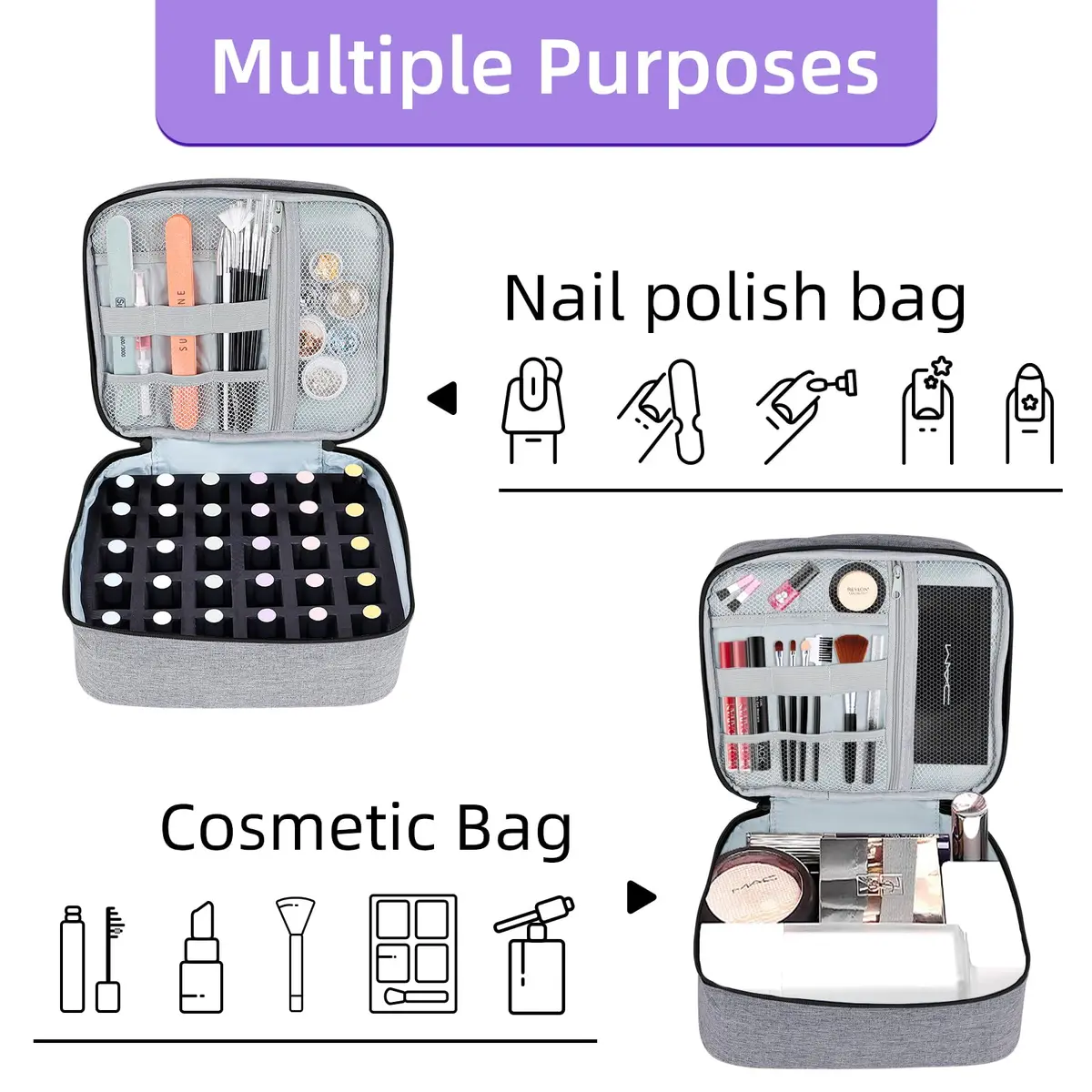 ALSLEA Gray Nail Polish Organizer Holds 30 Bottles | Double-Layer Travel Case with Padded Interior (10" x 8.3" x 7.2") - view 8