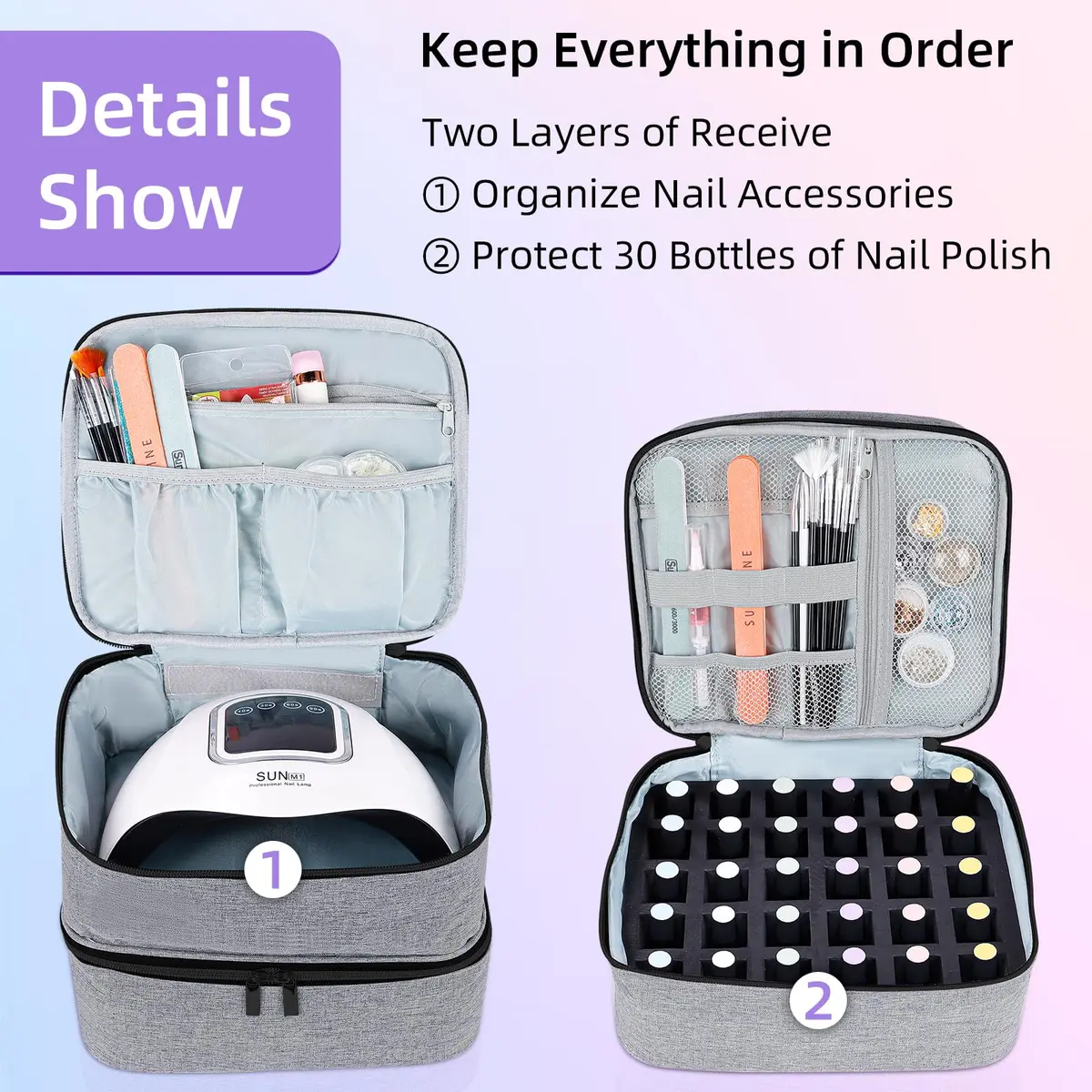 ALSLEA Gray Nail Polish Organizer Holds 30 Bottles | Double-Layer Travel Case with Padded Interior (10" x 8.3" x 7.2") - view 4