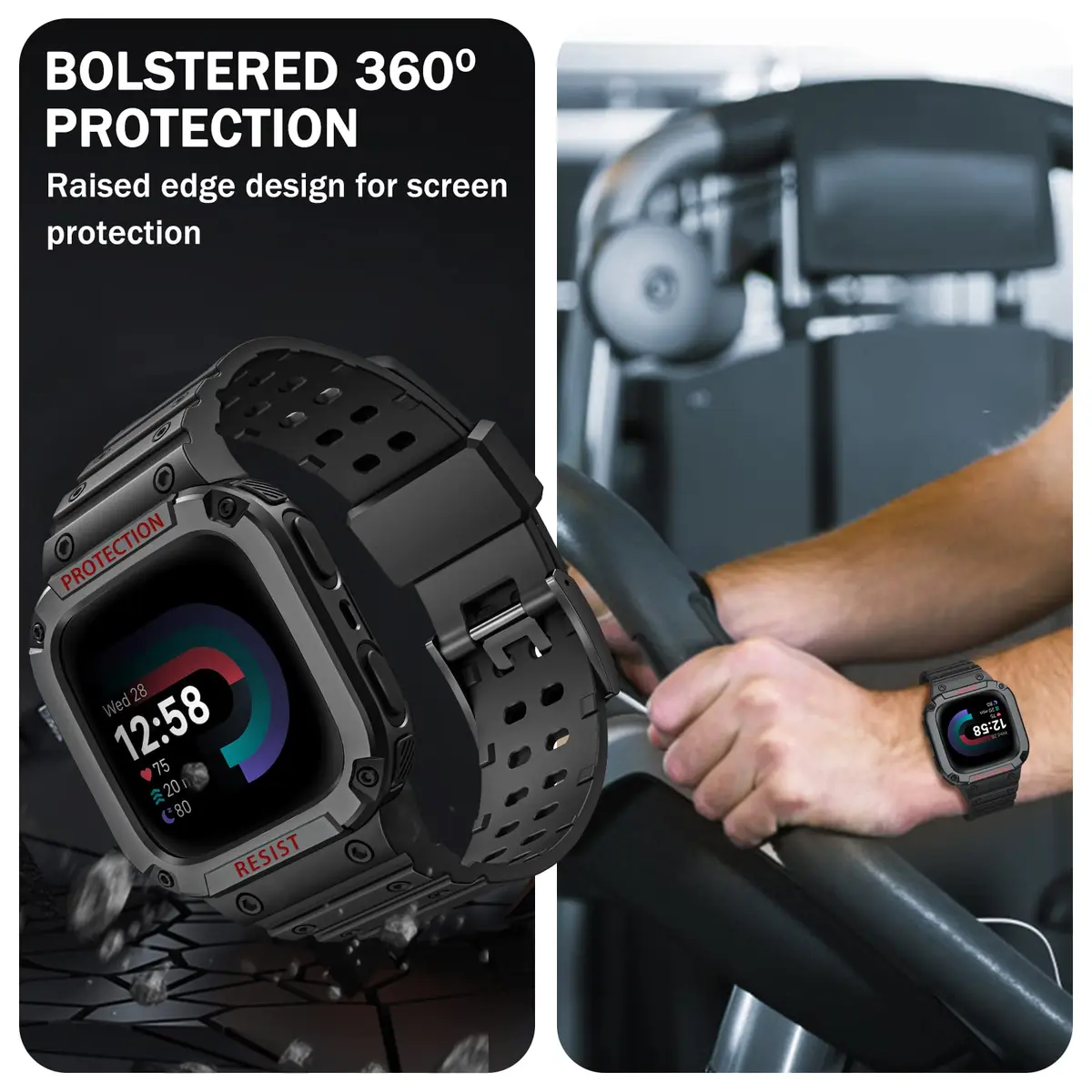 FINTIE Rugged Band with Case for Fitbit Versa 4/3/2/1/Lite & Sense 2, Black, 165mm-245mm (6.5-9.5 inch) - view 4