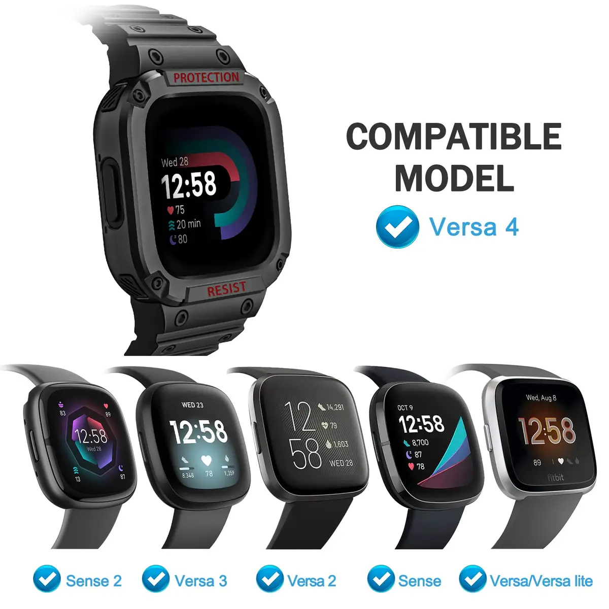 FINTIE Rugged Band with Case for Fitbit Versa 4/3/2/1/Lite & Sense 2, Black, 165mm-245mm (6.5-9.5 inch) - view 2