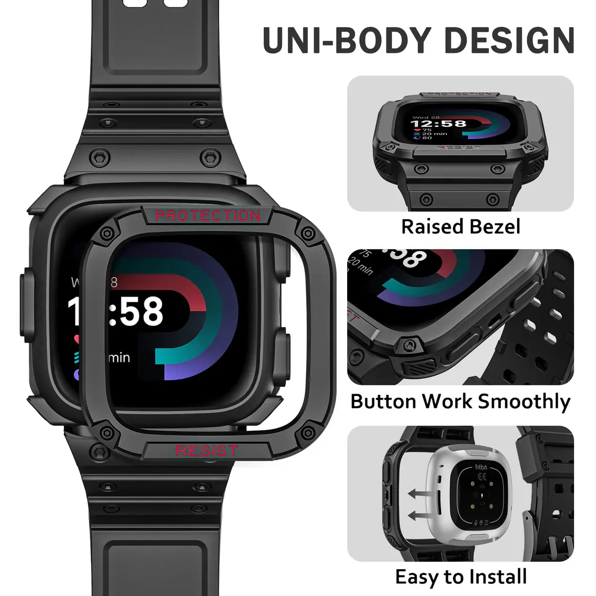 FINTIE Rugged Band with Case for Fitbit Versa 4/3/2/1/Lite & Sense 2, Black, 165mm-245mm (6.5-9.5 inch) - view 3