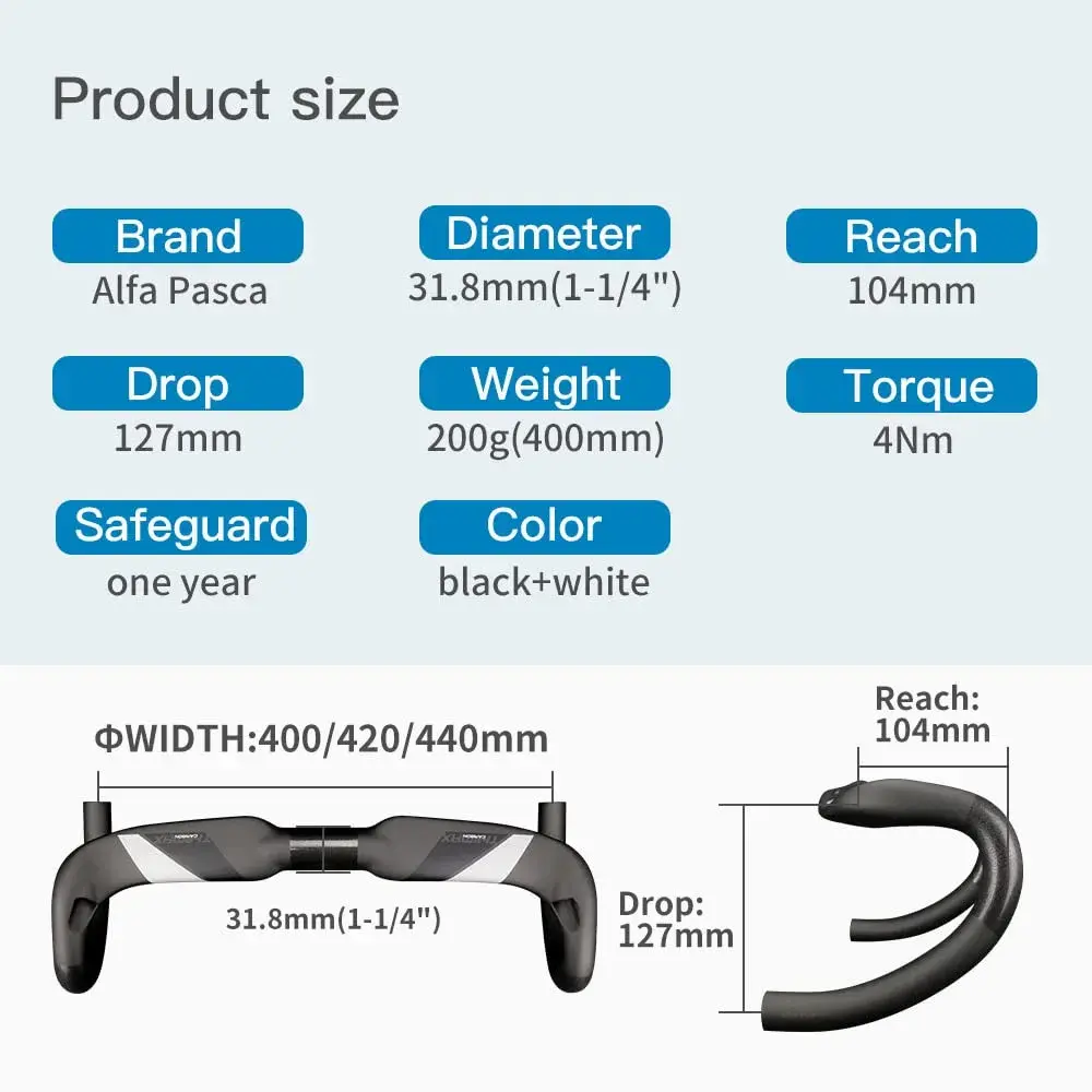 Alfa Pasca THE MAX UD Matte Carbon Fiber Road Bike Handlebars 31.8 x 400mm Aero Drop Bars - view 3