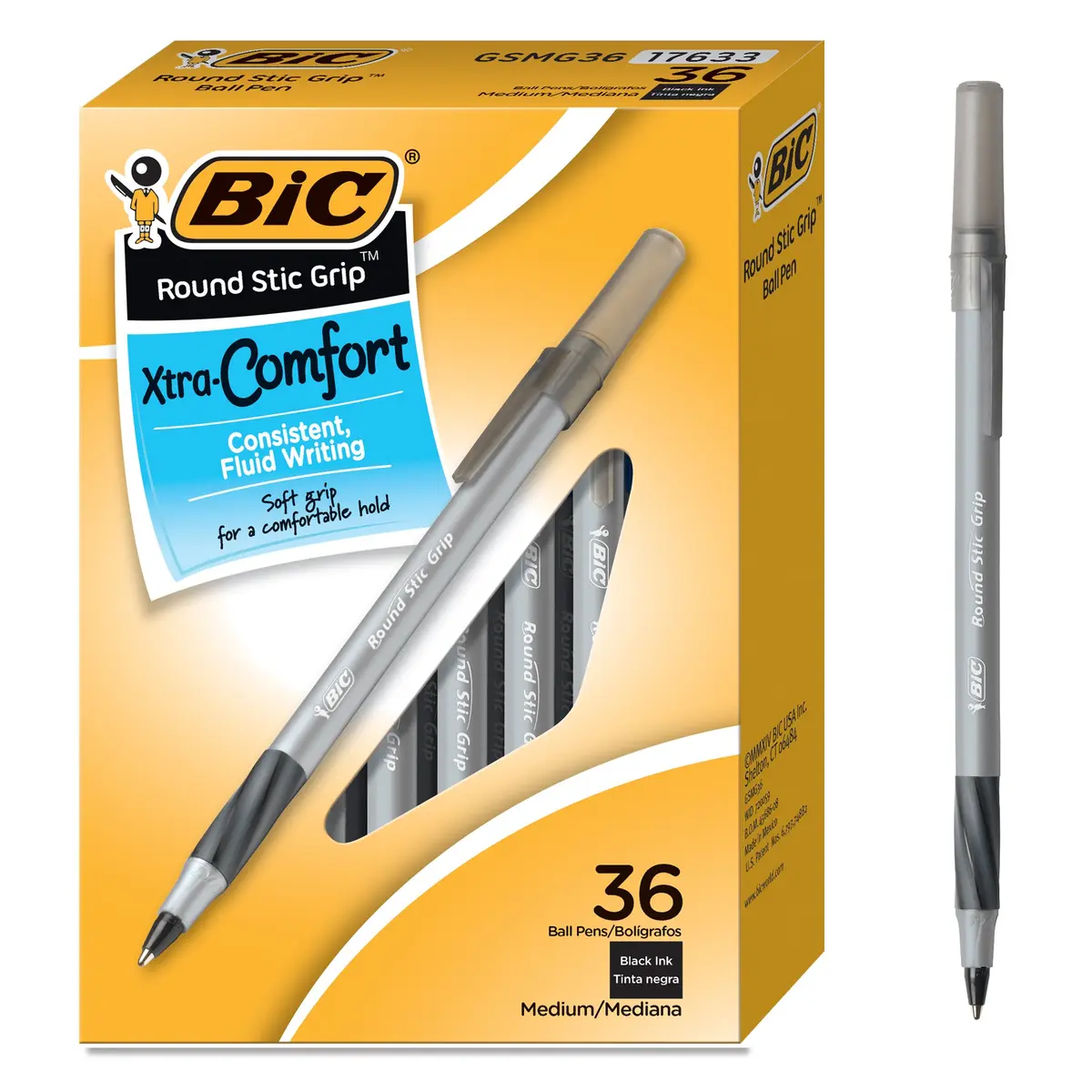 BIC Round Stic Grip Xtra Comfort Ballpoint Pens, Medium Point (1.2mm), Black, Soft Grip For Added Comfort And Control, 648 Count Total | Bulk Pack Writing Instrument - main product image