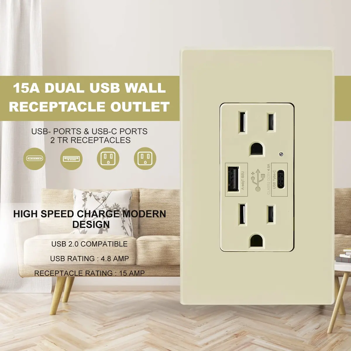 micmi Ivory USB Wall Outlet with C + A Ports | 15 Amp 125V, UL Listed, Fast Charging - view 2