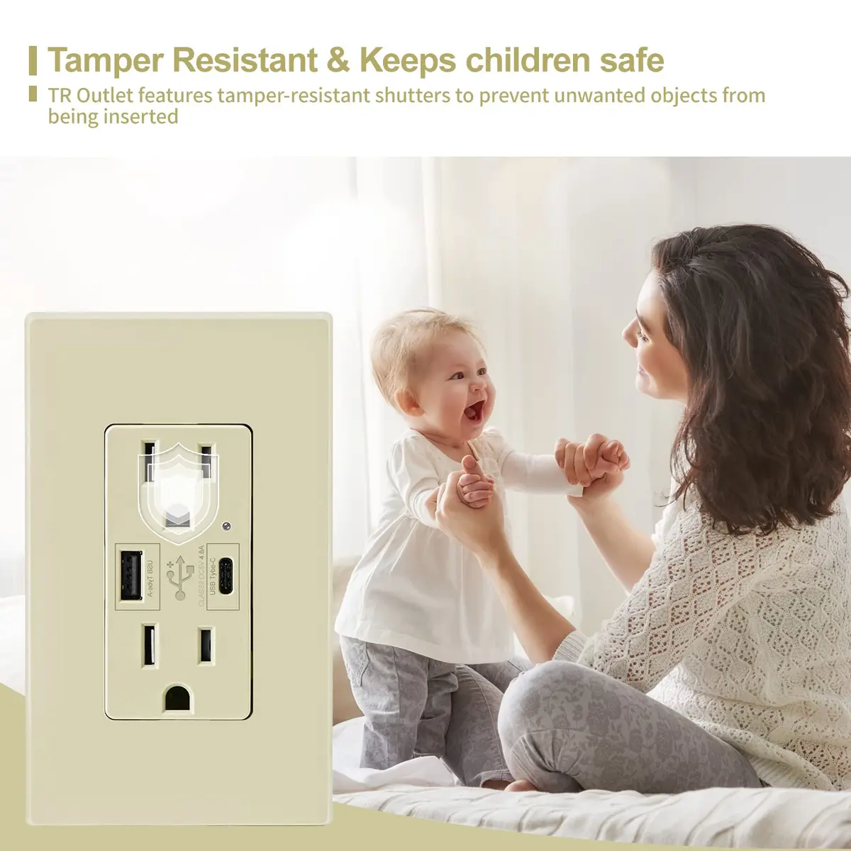 micmi Ivory USB Wall Outlet with C + A Ports | 15 Amp 125V, UL Listed, Fast Charging - view 3
