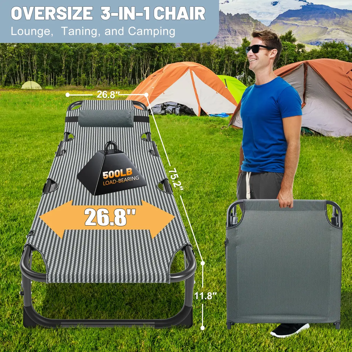 Slsy Folding Camping Cot for Adults, Adjustable Camping Bed with Pad | 5-Position Reclining, Heavy-Duty Support, Portable & Multi-Purpose - view 4