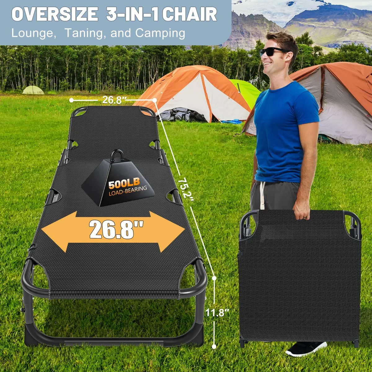 Slsy Folding Camping Cot for Adults | Adjustable 5-Position Reclining Bed with Removable Mattress - view 6