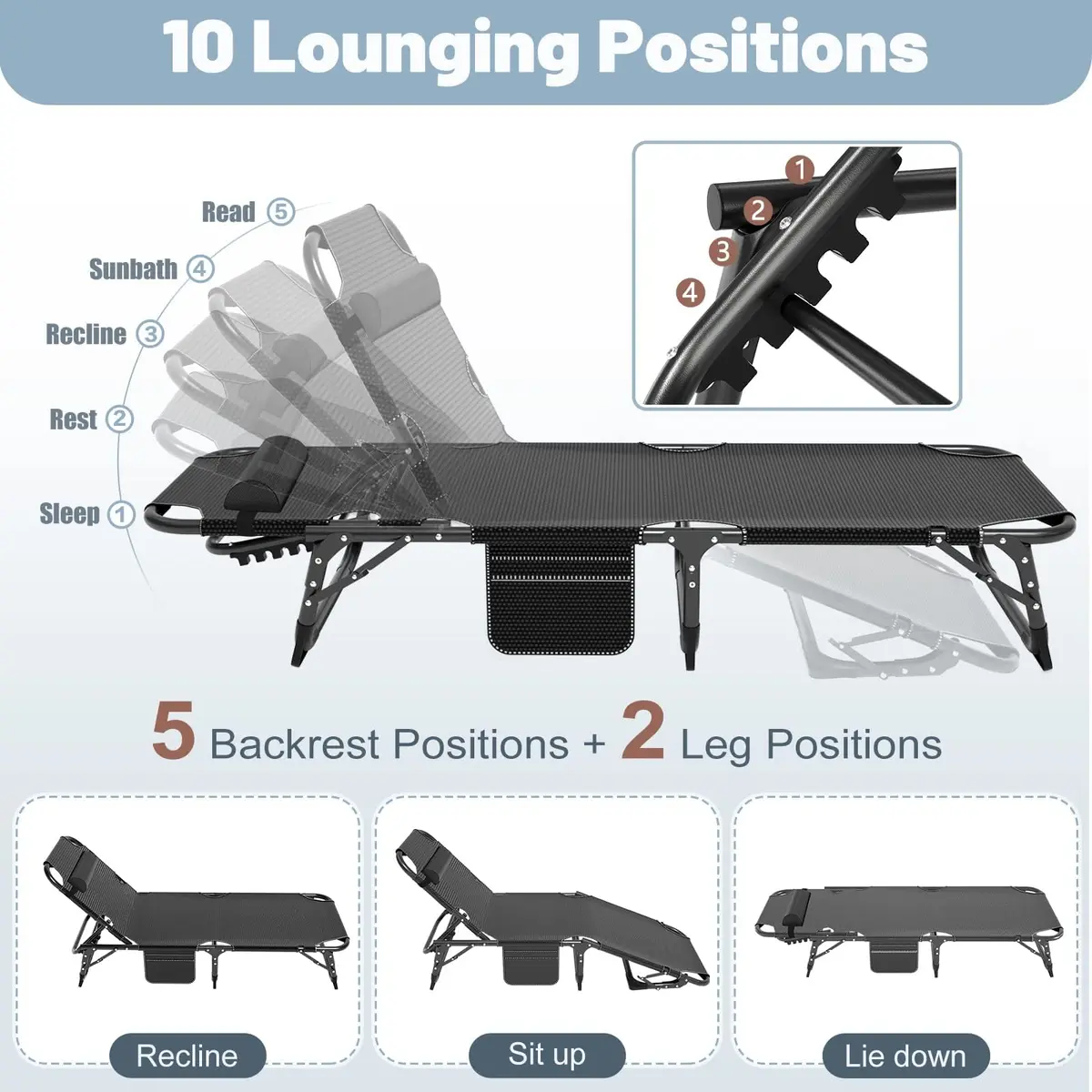 Slsy Folding Camping Cot for Adults | Adjustable 5-Position Reclining Bed with Removable Mattress - view 4