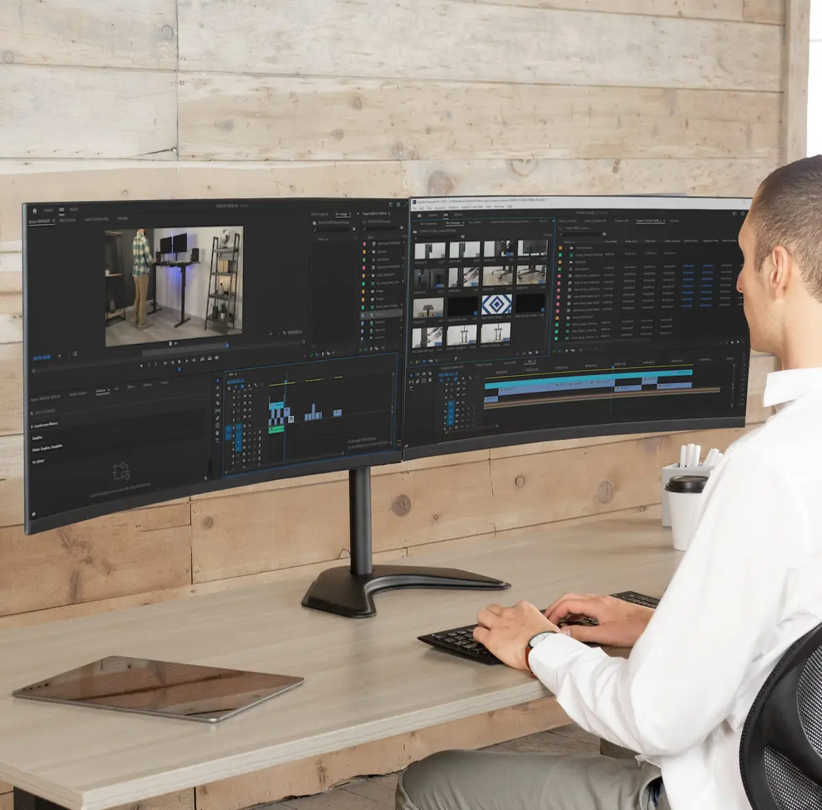 VIVO Dual LED LCD Monitor Mount, Free-Standing Desk Stand for 2 Screens up to 32 Inch, Heavy-Duty Fully Adjustable Arms with Max VESA 100x100mm, Black, STAND-V032F - view 2