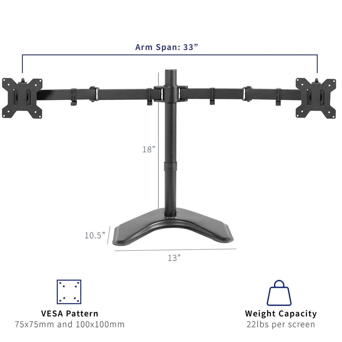 VIVO Dual LED LCD Monitor Mount, Free-Standing Desk Stand for 2 Screens up to 32 Inch, Heavy-Duty Fully Adjustable Arms with Max VESA 100x100mm, Black, STAND-V032F - view 4