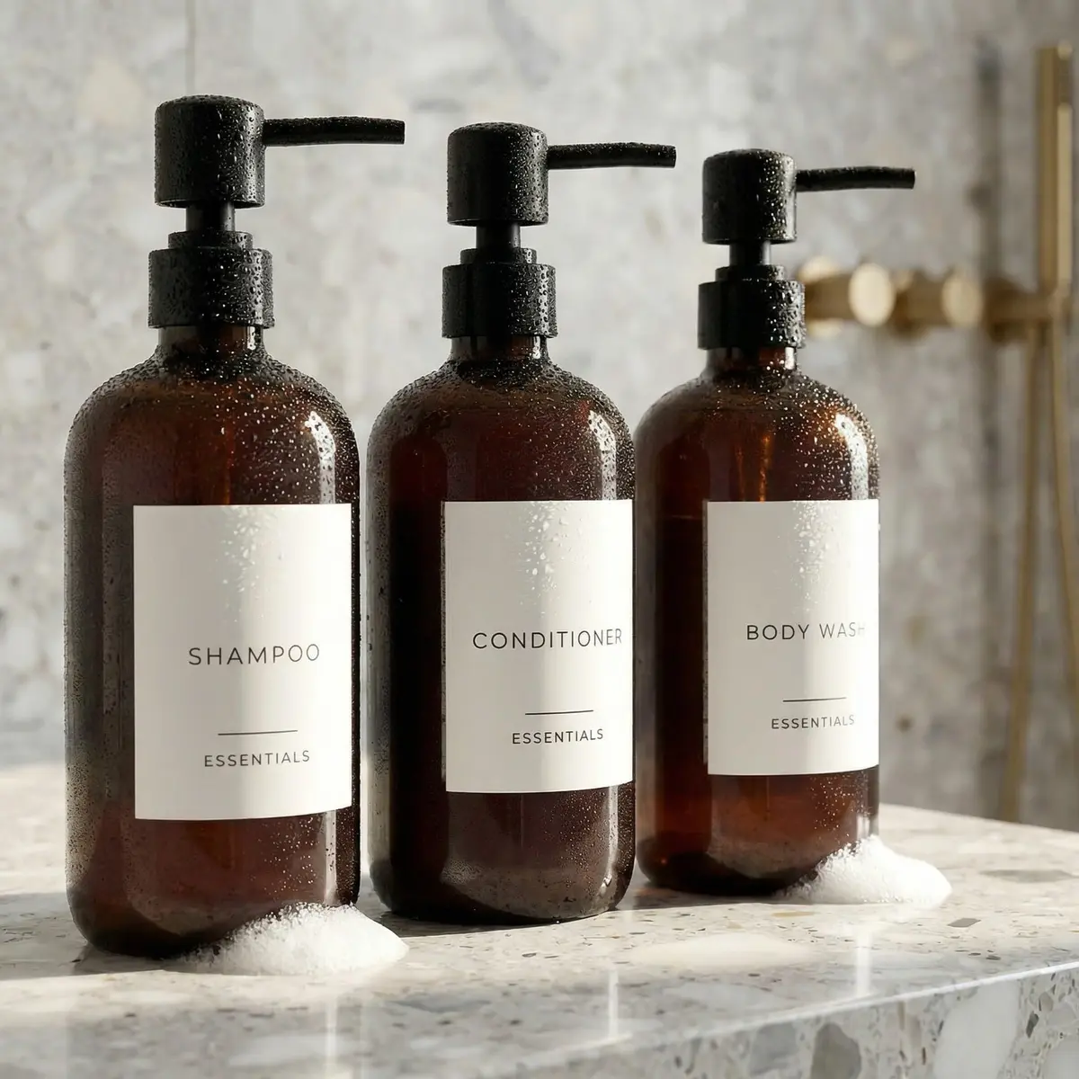 KIBAGA Stylish Shampoo & Conditioner Dispenser Set of 3-600ml | Elegant Bathroom Organizer with Refillable Bottles - main product image