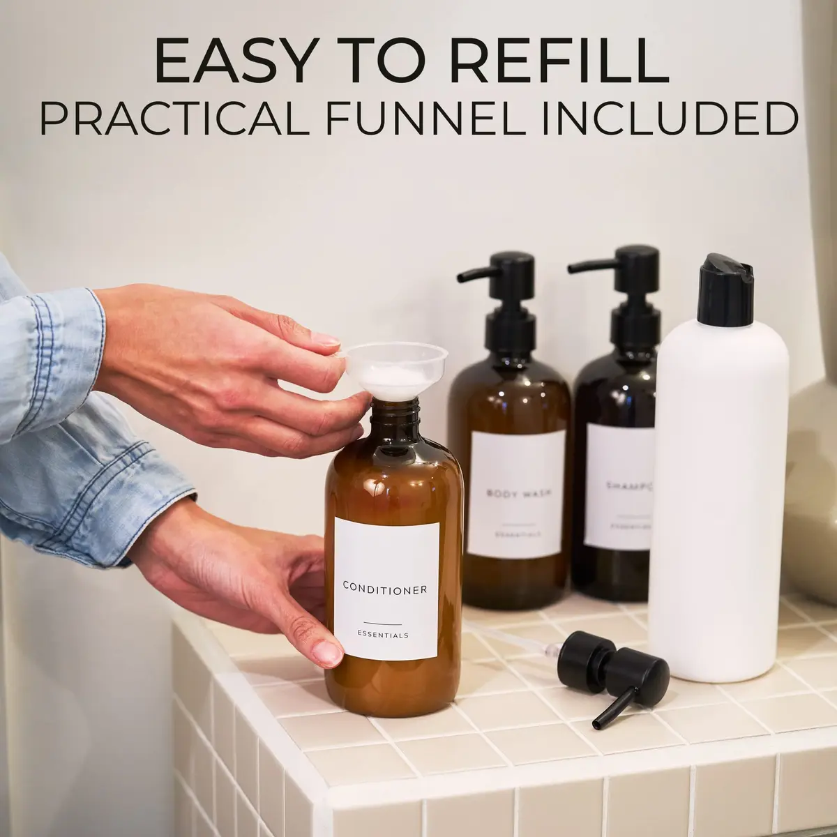 KIBAGA Stylish Shampoo & Conditioner Dispenser Set of 3-600ml | Elegant Bathroom Organizer with Refillable Bottles - view 5