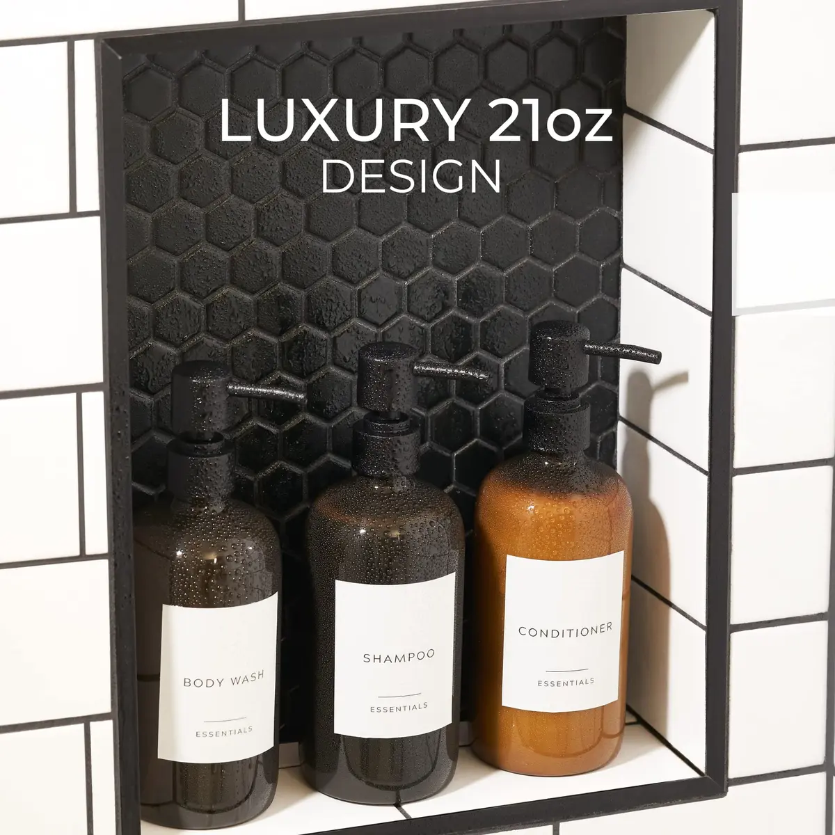 KIBAGA Stylish Shampoo & Conditioner Dispenser Set of 3-600ml | Elegant Bathroom Organizer with Refillable Bottles - view 3
