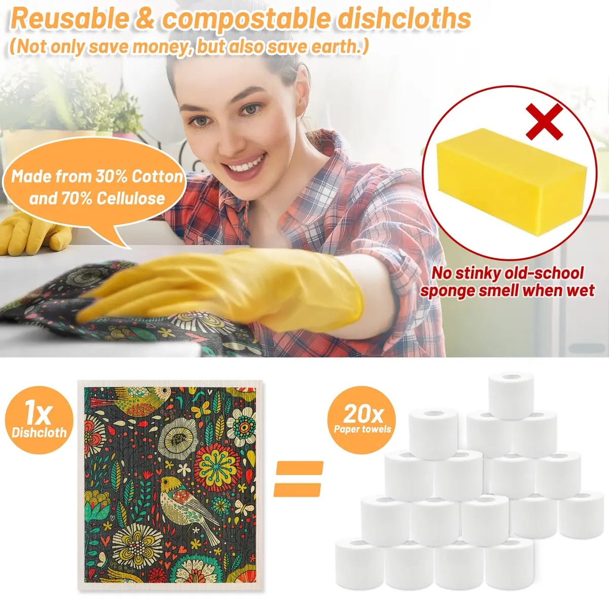 Lucomb Swedish Dishcloths 8 Pack 20x18cm (8x7in) | Reusable, Absorbent, Biodegradable Kitchen Towels - view 6