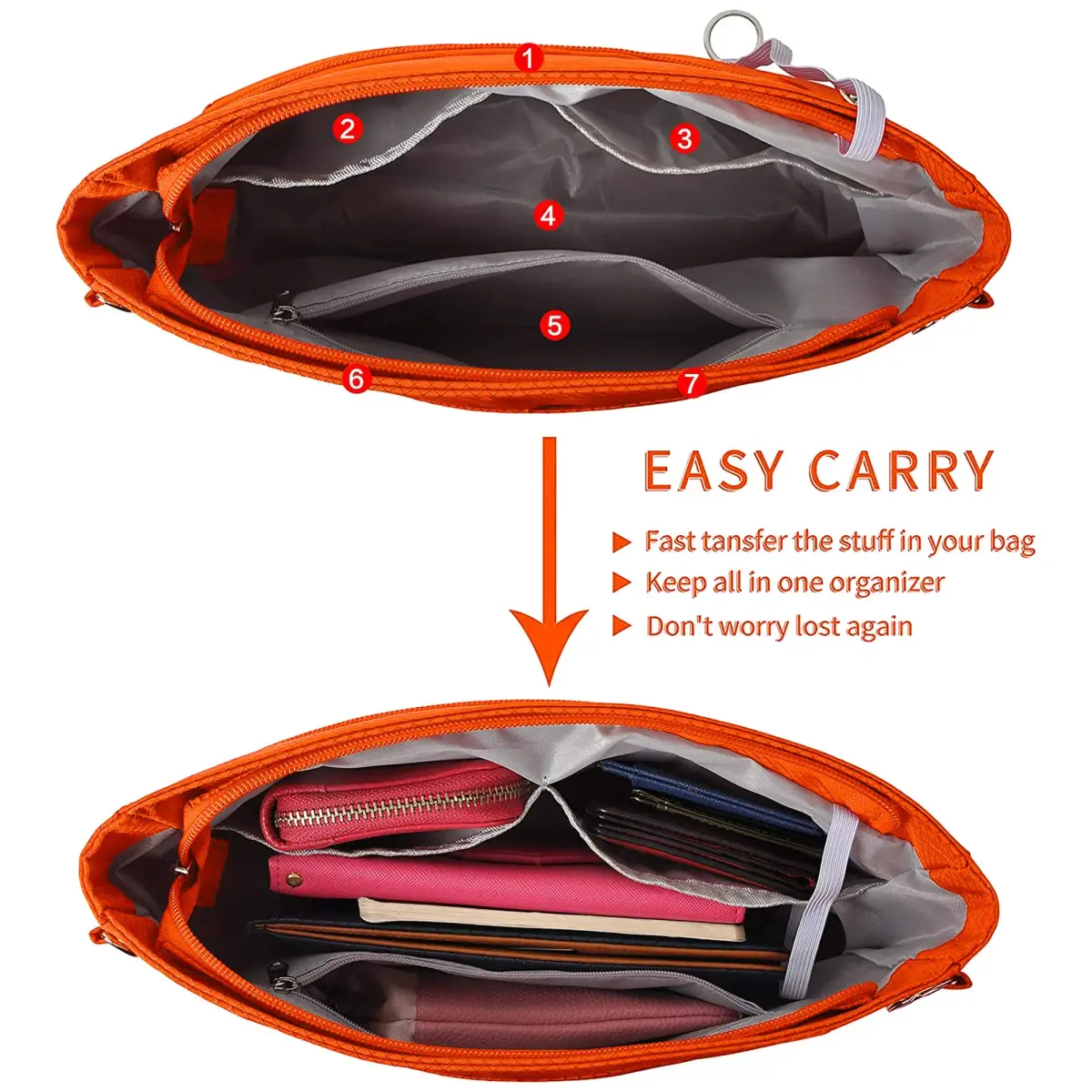 Vercord Expandable Nylon Handbag Purse Organizer Insert Liner Shaper Bag in Bag Orange Medium | Waterproof & Zippered Compartments - view 3