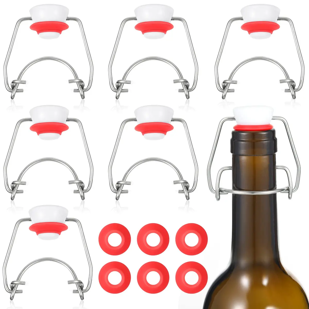 Meanplan Flip Top Bottle Replacement Caps with Silicone Gaskets - 6 Pcs (12 Total Items) | Fits 8-35oz Grooved Glass Bottles - main product image