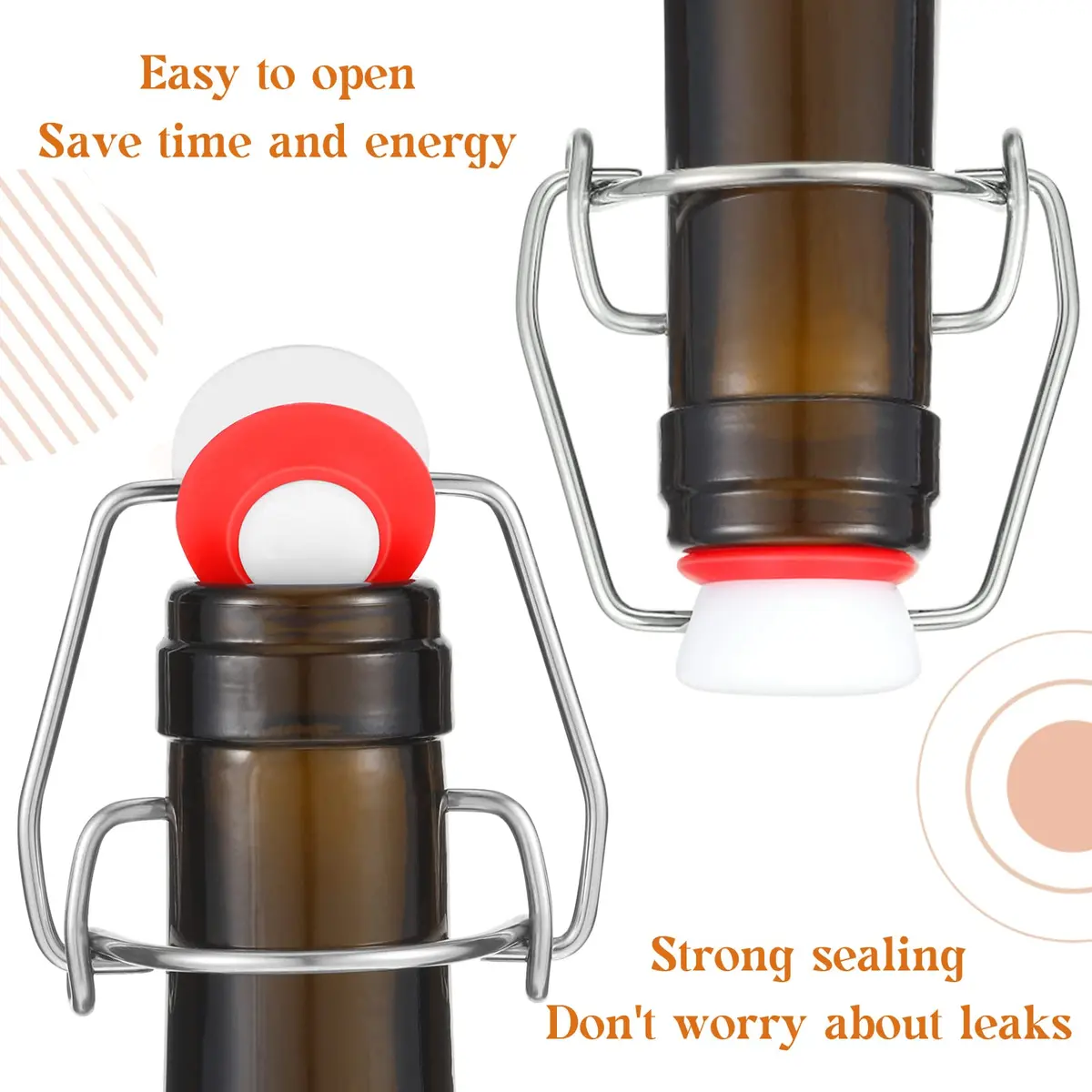 Meanplan Flip Top Bottle Replacement Caps with Silicone Gaskets - 6 Pcs (12 Total Items) | Fits 8-35oz Grooved Glass Bottles - view 4