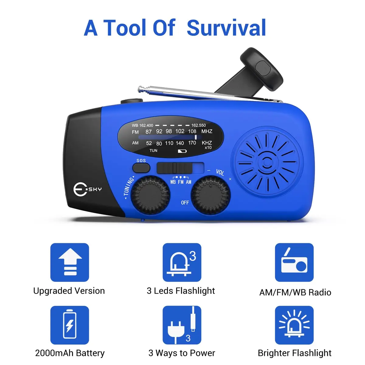 Esky Emergency Hand Crank Radio with 3 LED Flashlight, AM/FM/NOAA Portable Weather Radio 255g (9oz) | Survival Tool for Indoor Outdoor Camping - view 8