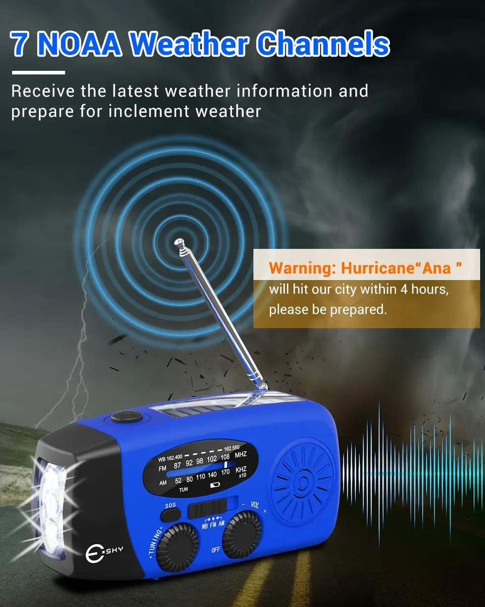 Esky Emergency Hand Crank Radio with 3 LED Flashlight, AM/FM/NOAA Portable Weather Radio 255g (9oz) | Survival Tool for Indoor Outdoor Camping - view 2