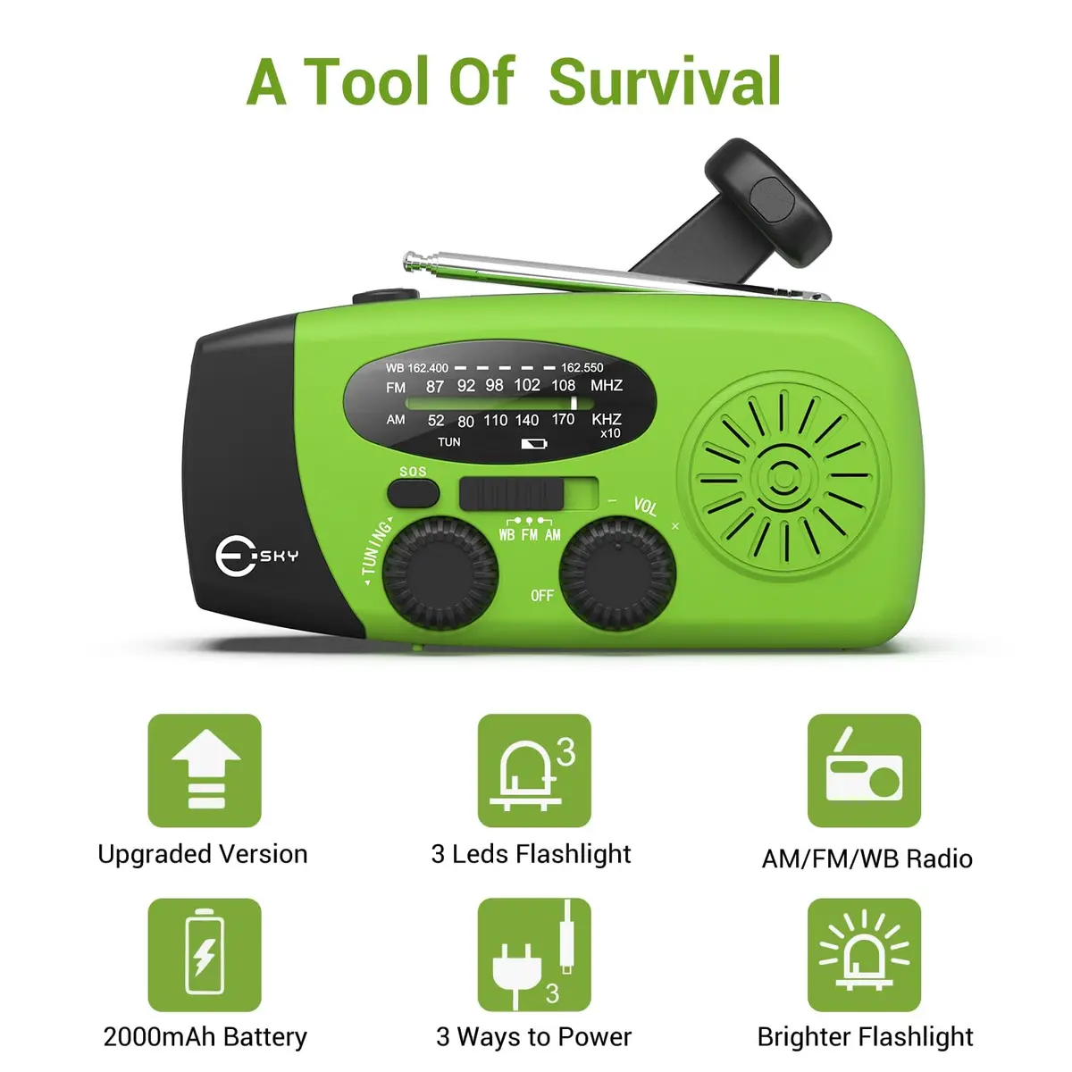 Esky Emergency Hand Crank Radio Green 250g (8.8 oz) | AM/FM/NOAA Weather Alerts with SOS Alarm - view 6
