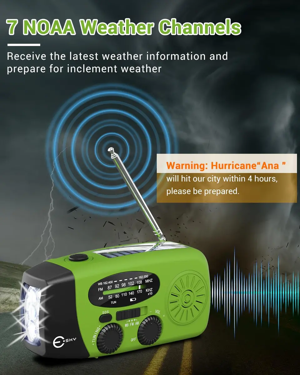 Esky Emergency Hand Crank Radio Green 250g (8.8 oz) | AM/FM/NOAA Weather Alerts with SOS Alarm - view 2