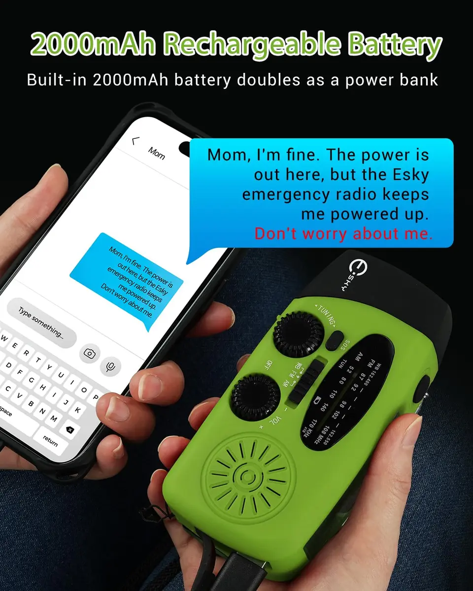 Esky Emergency Hand Crank Radio Green 250g (8.8 oz) | AM/FM/NOAA Weather Alerts with SOS Alarm - view 3