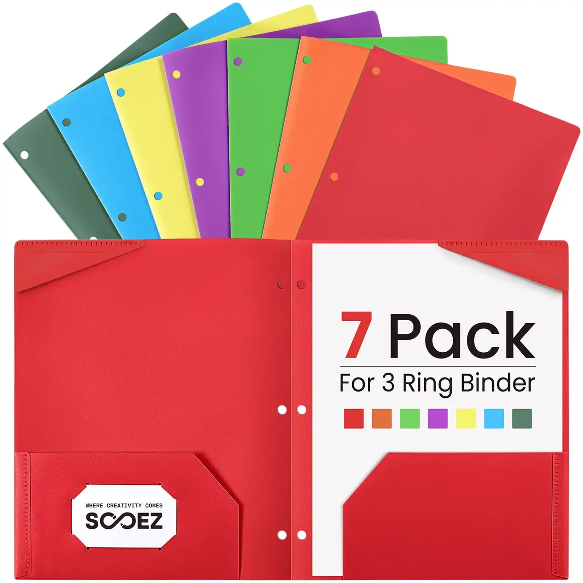Sooez 7 Pack Plastic File Folders with Pockets & 3-Hole Punch, Letter Size, Bright Colors - main product image
