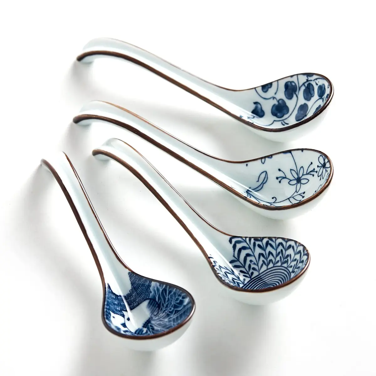 Hoilse Ceramic Asian Soup Spoons Set of 4 | Elegant Blue & White Porcelain for Ramen, Pho, Dumplings - main product image