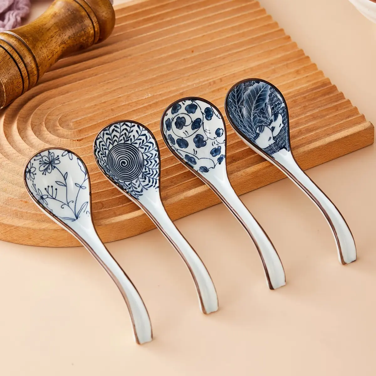 Hoilse Ceramic Asian Soup Spoons Set of 4 | Elegant Blue & White Porcelain for Ramen, Pho, Dumplings - view 7