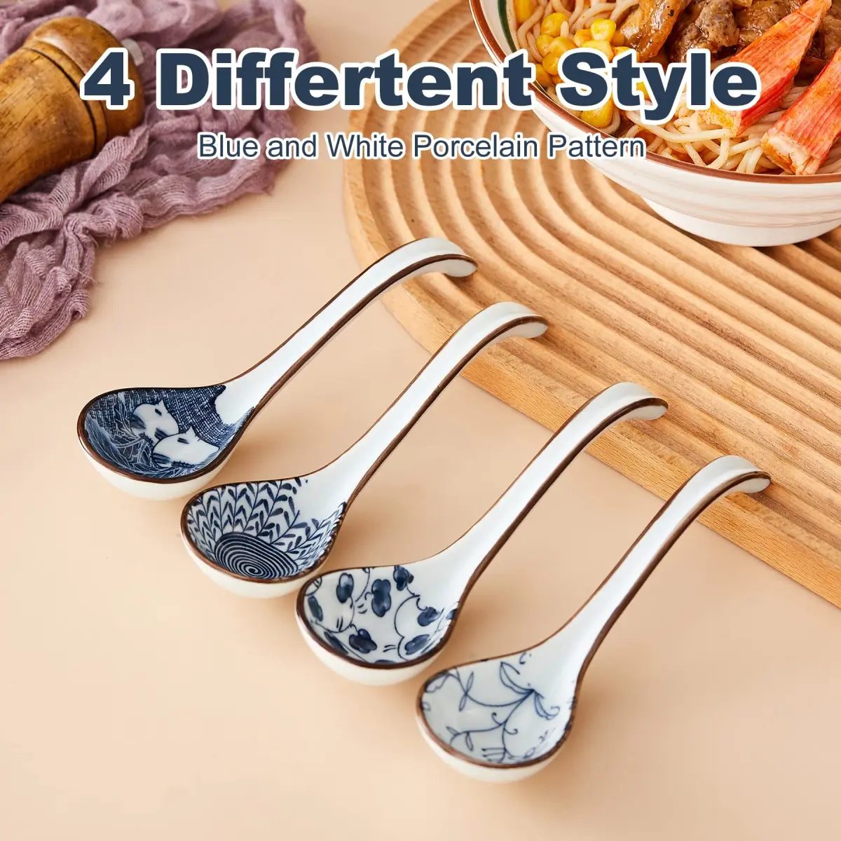 Hoilse Ceramic Asian Soup Spoons Set of 4 | Elegant Blue & White Porcelain for Ramen, Pho, Dumplings - view 4