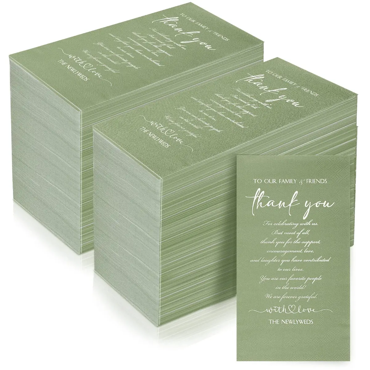 Fumete Thank You Wedding Napkins 3 Ply Sage Green | Elegant Disposable Cocktail Napkins for Weddings & Events - main product image